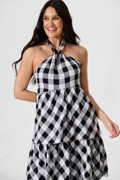 Dolson Halter Neck Midi Dress in Black and White Gingham