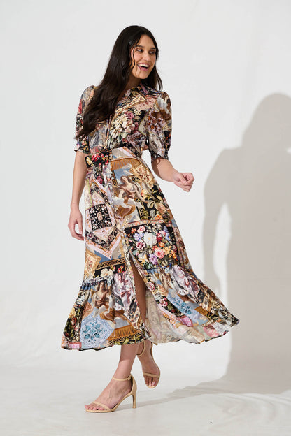 Allyna Midi Shirt Dress in Black Multi Patchwork