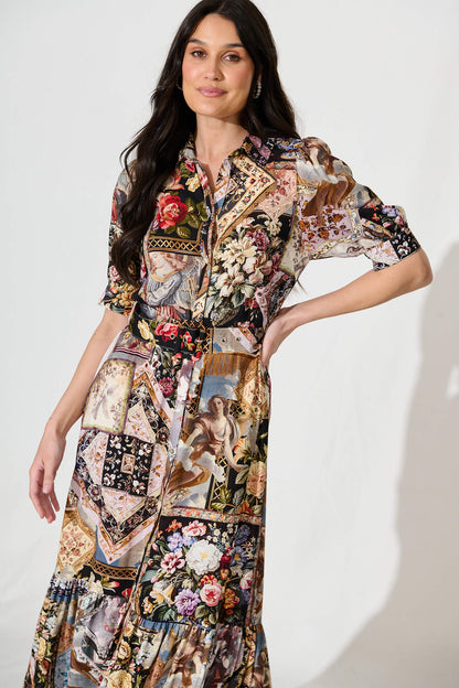 Allyna Midi Shirt Dress in Black Multi Patchwork