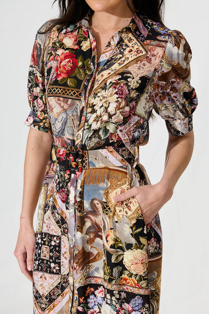 Allyna Midi Shirt Dress in Black Multi Patchwork