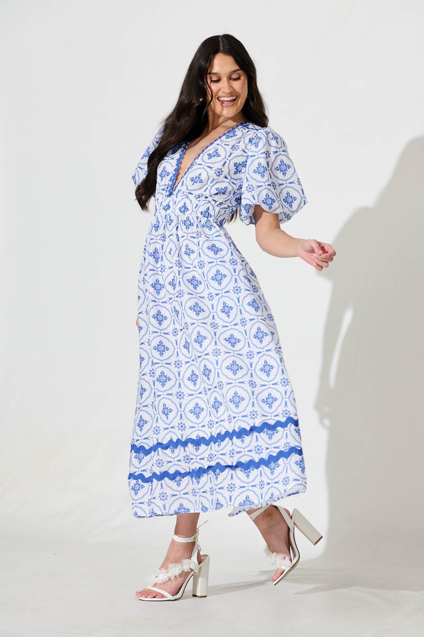 Indi Maxi Dress in White with Blue Tile Linen Blend