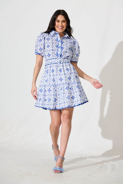 Sariah Dress in White with Blue Tile Linen Blend