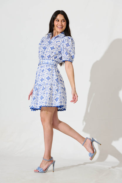 Sariah Dress in White with Blue Tile Linen Blend