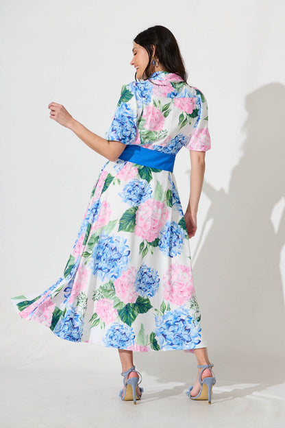 Marella Maxi Shirt Dress In Blue and Pink Floral Linen Blend