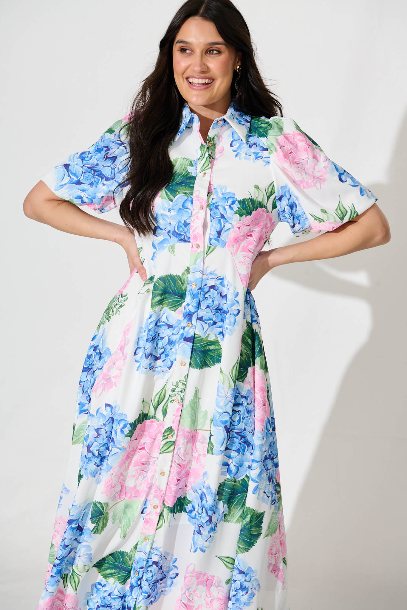 Marella Maxi Shirt Dress In Blue and Pink Floral Linen Blend