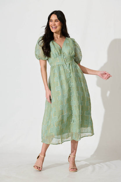 Evermore Midi Dress Pale Green with Lurex Embroidery