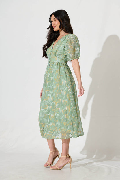 Evermore Midi Dress Pale Green with Lurex Embroidery