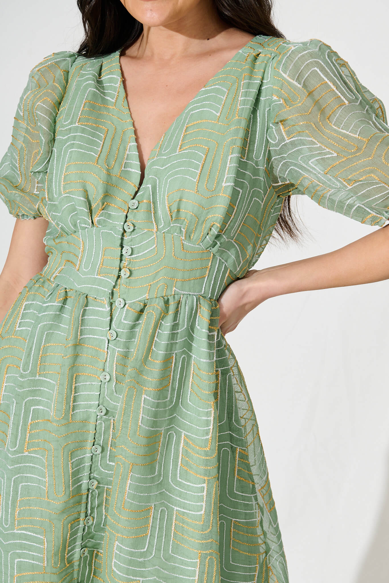 Evermore Midi Dress Pale Green with Lurex Embroidery