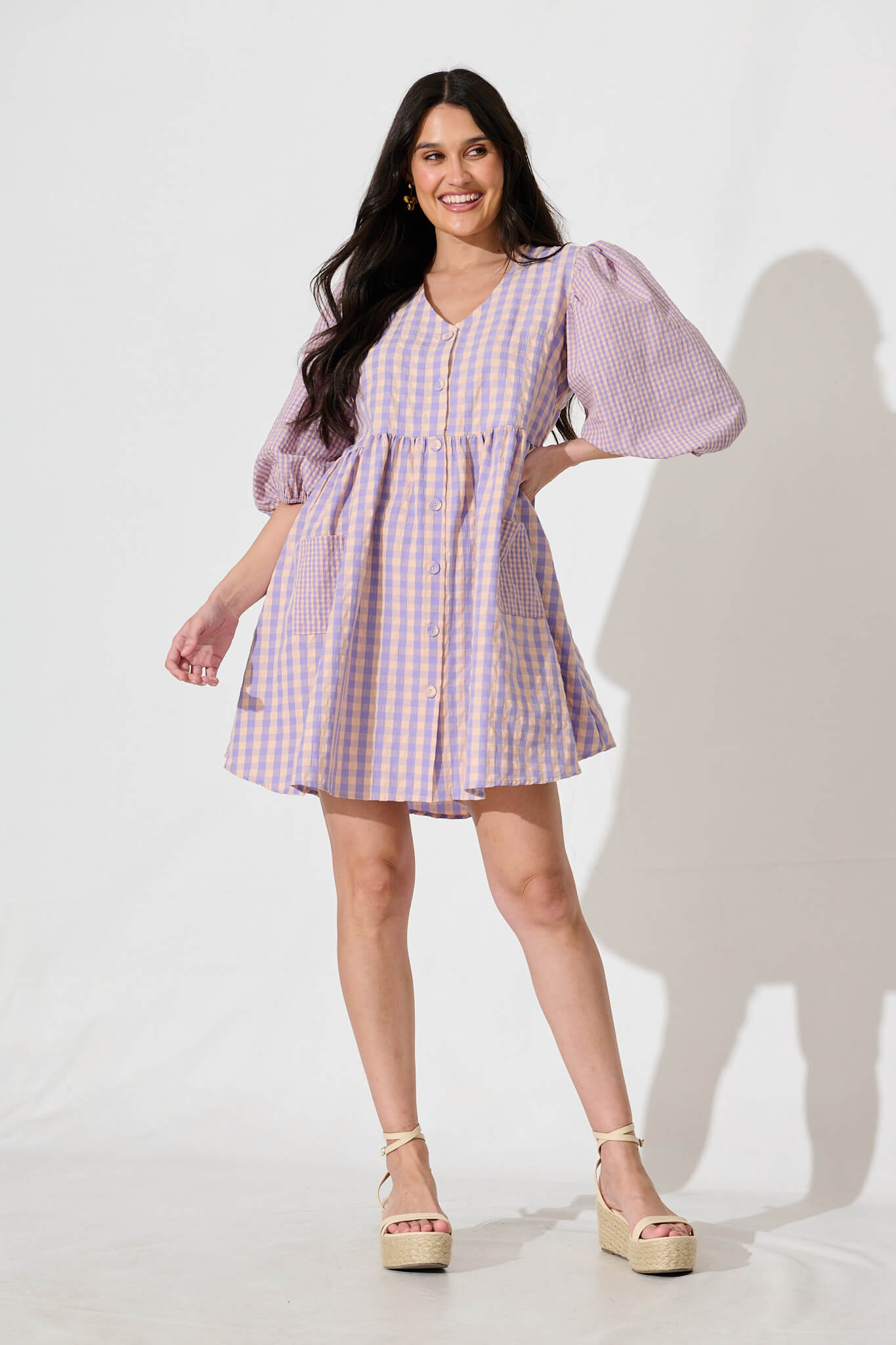 Ginnie Smock Dress in Lilac and Pink Gingham Cotton