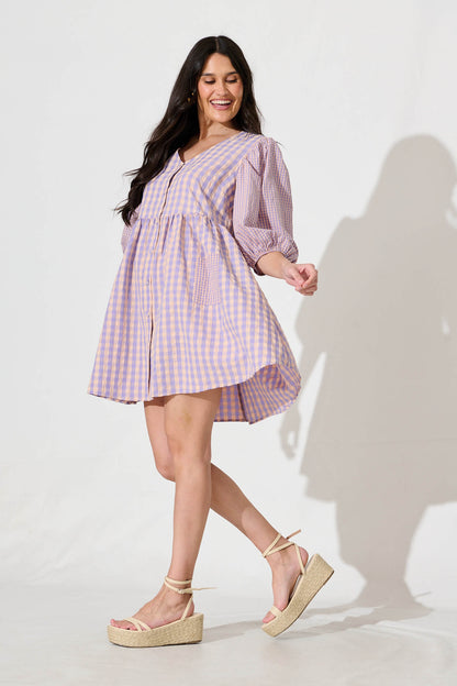 Ginnie Smock Dress in Lilac and Pink Gingham Cotton