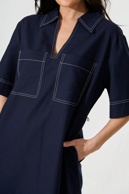 Salvatore Dress in Navy Cotton Linen