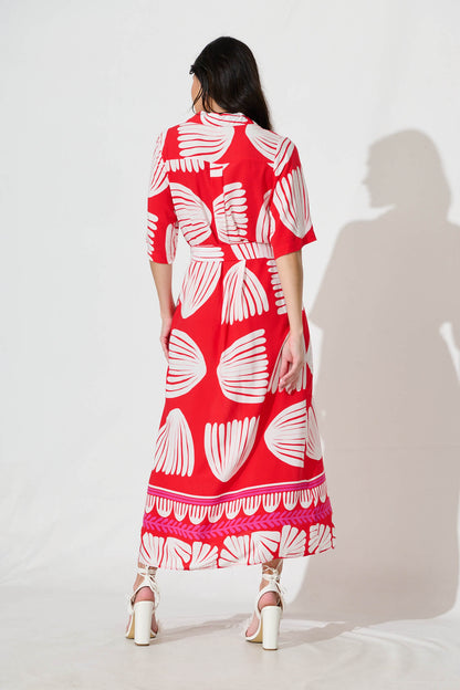 Satori Midi Shirt Dress in Red with White Print