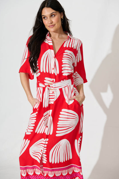 Satori Midi Shirt Dress in Red with White Print