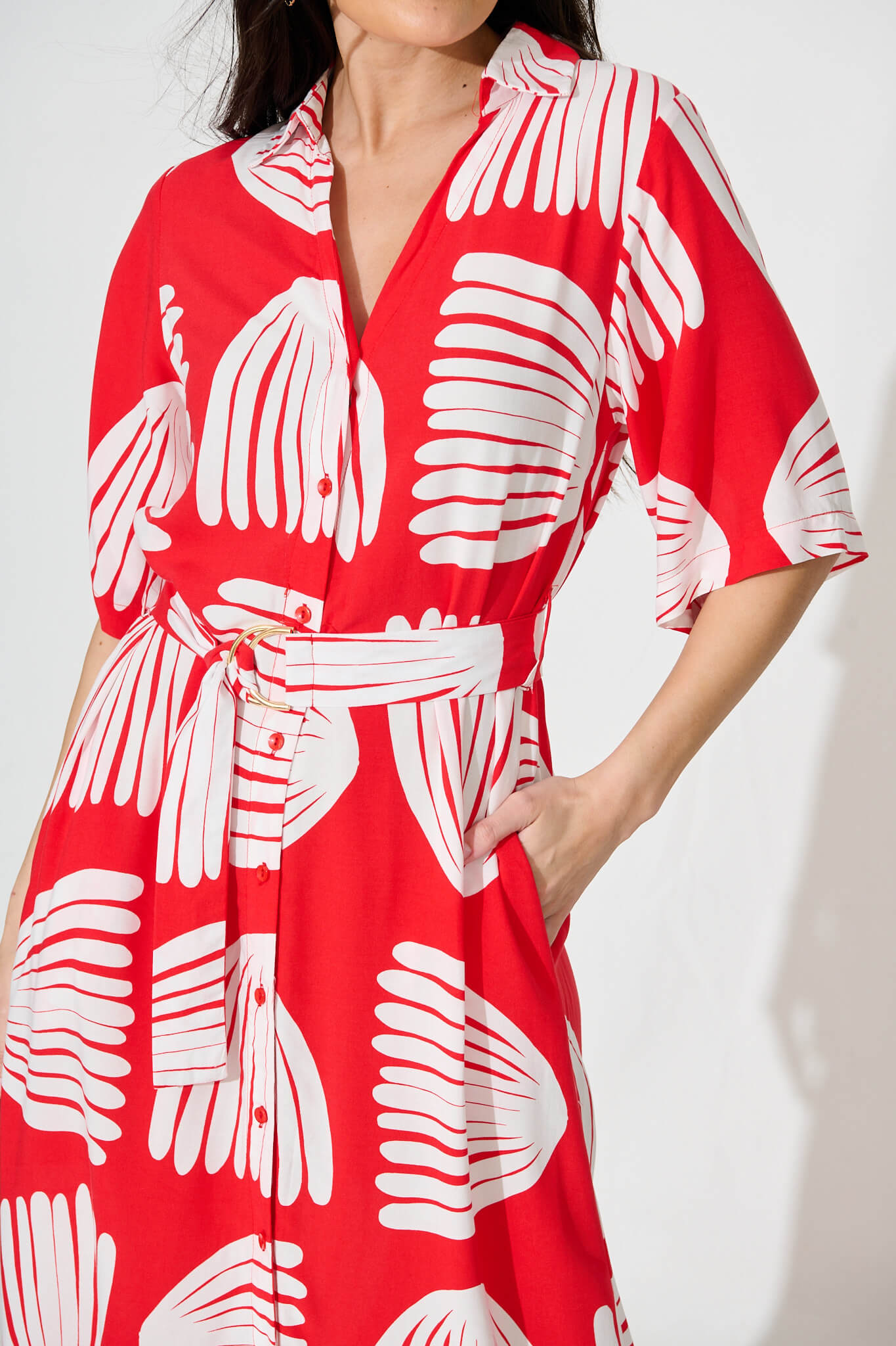 Satori Midi Shirt Dress in Red with White Print