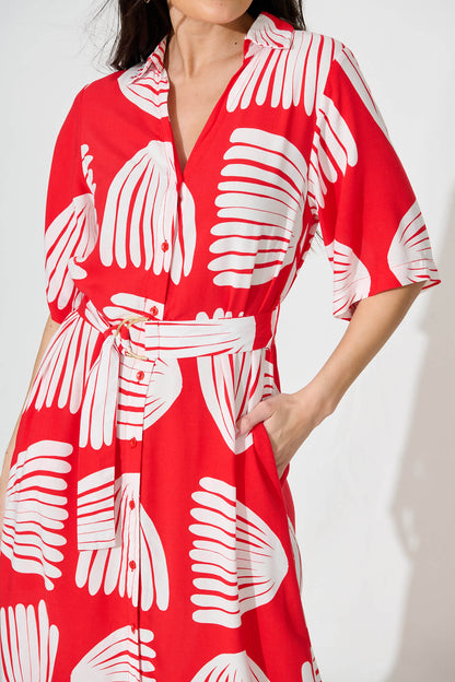 Satori Midi Shirt Dress in Red with White Print
