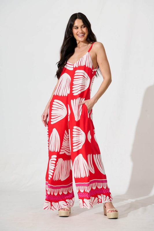 Sianie Jumpsuit in Red with White Print