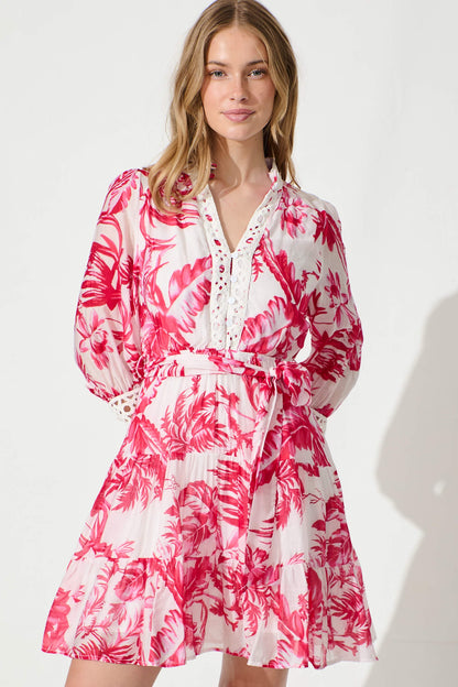 Anaya Dress In White With Pink Leaf