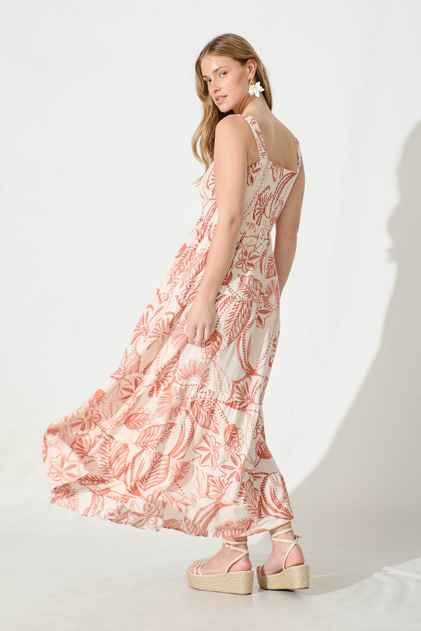 Panola Maxi Sundress in Cream with Rust Print