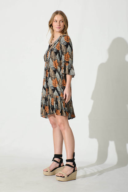 Mara Smock Dress in Black with Multi Leaf Print