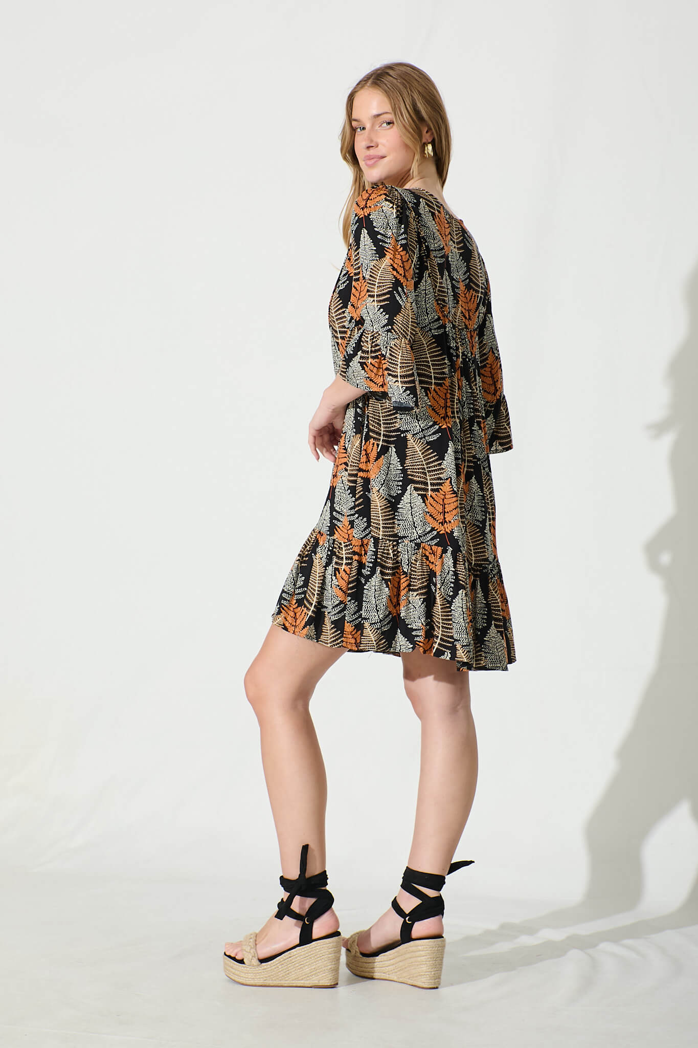 Mara Smock Dress in Black with Multi Leaf Print