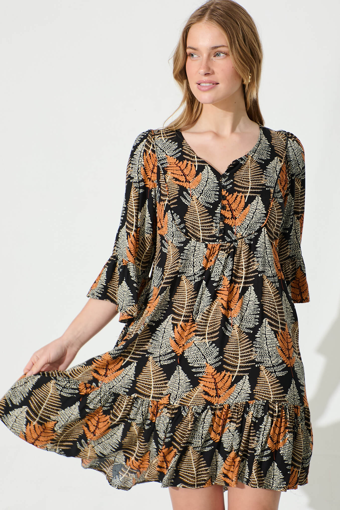 Mara Smock Dress in Black with Multi Leaf Print