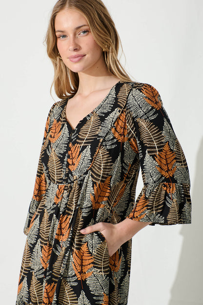 Mara Smock Dress in Black with Multi Leaf Print
