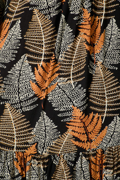 Mara Smock Dress in Black with Multi Leaf Print