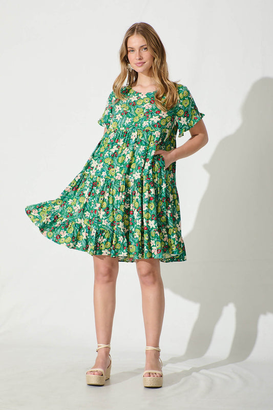 Carisse Smock Dress in Jade with Multi Floral