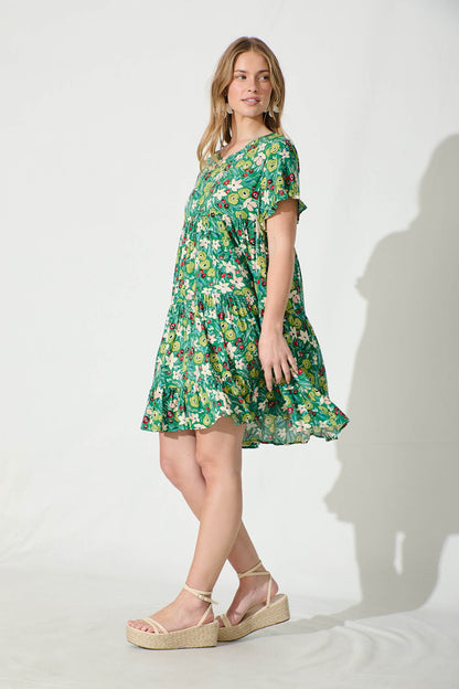 Carisse Smock Dress in Jade with Multi Floral