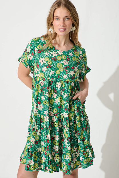 Carisse Smock Dress in Jade with Multi Floral