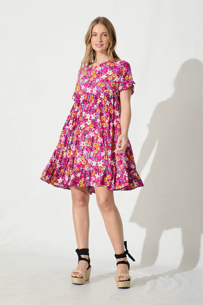 Carisse Smock Dress in Fuchsia With Multi Floral