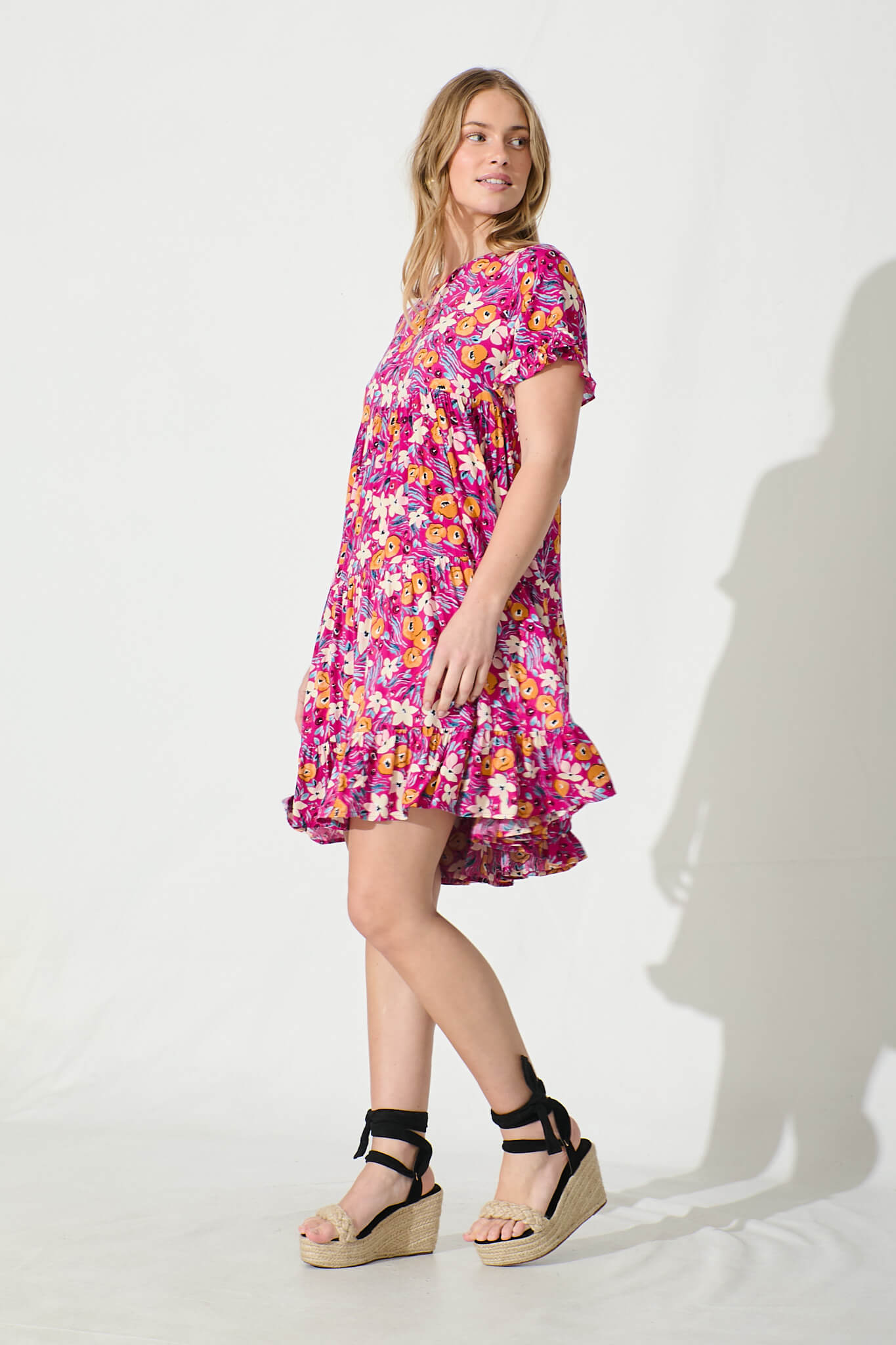 Carisse Smock Dress in Fuchsia With Multi Floral
