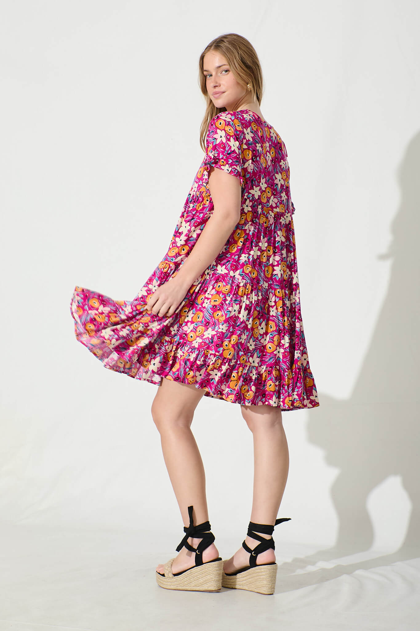 Carisse Smock Dress in Fuchsia With Multi Floral