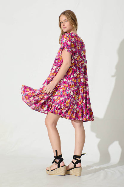 Carisse Smock Dress in Fuchsia With Multi Floral