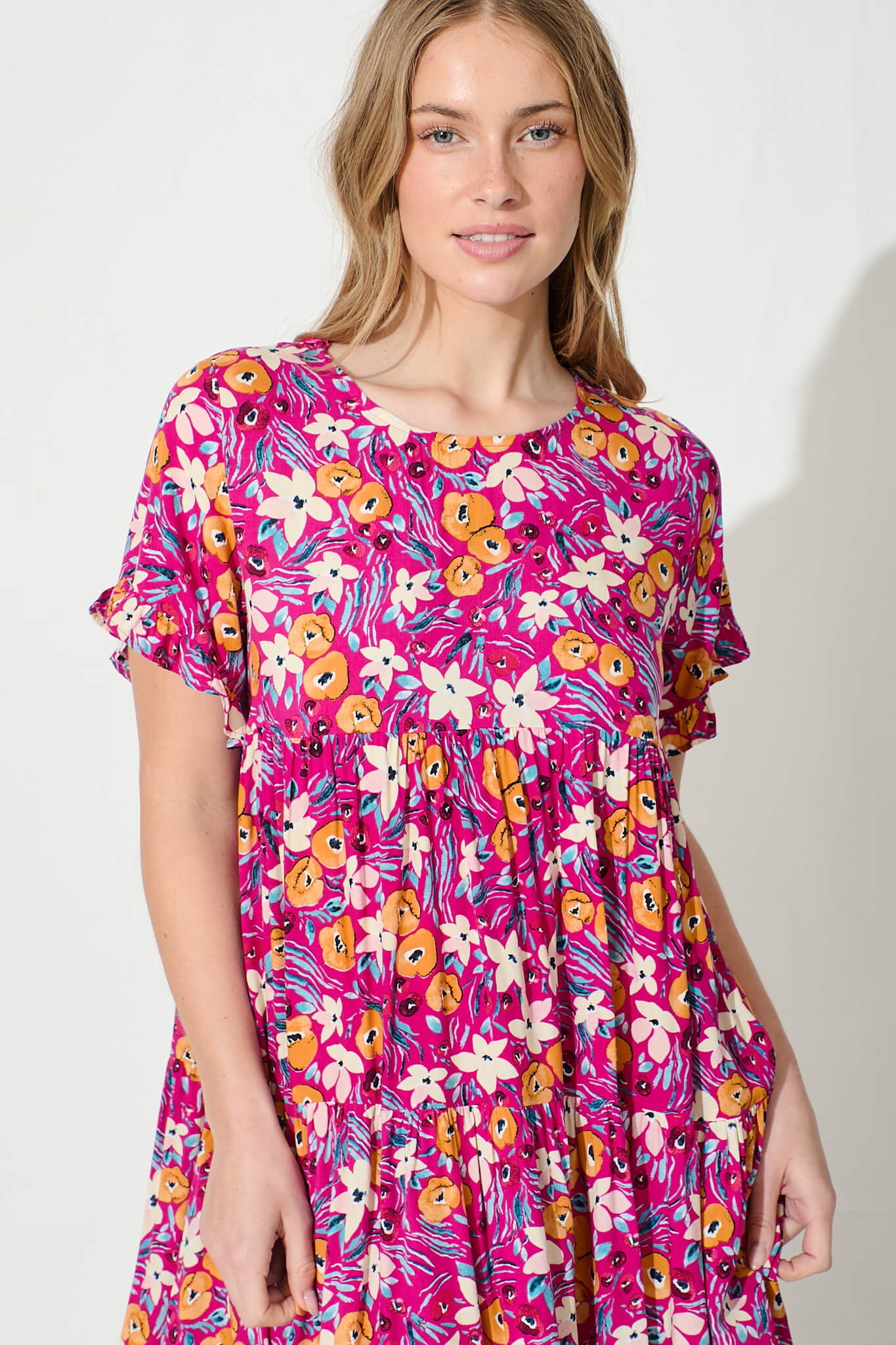Carisse Smock Dress in Fuchsia With Multi Floral