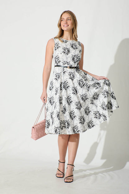 Jarmila Dress with Belt in White Black Floral Cotton Blend