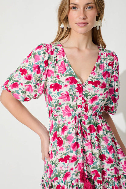 Aleah Maxi Dress in White with Pink and Green Floral