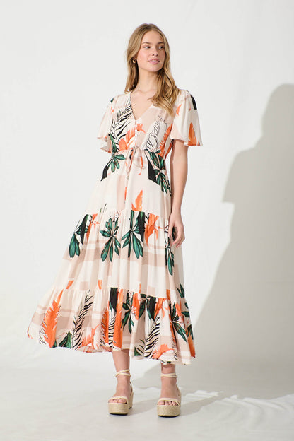 Elina Midi Dress in Cream with Green and Orange Leaf