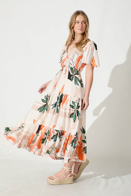 Elina Midi Dress in Cream with Green and Orange Leaf