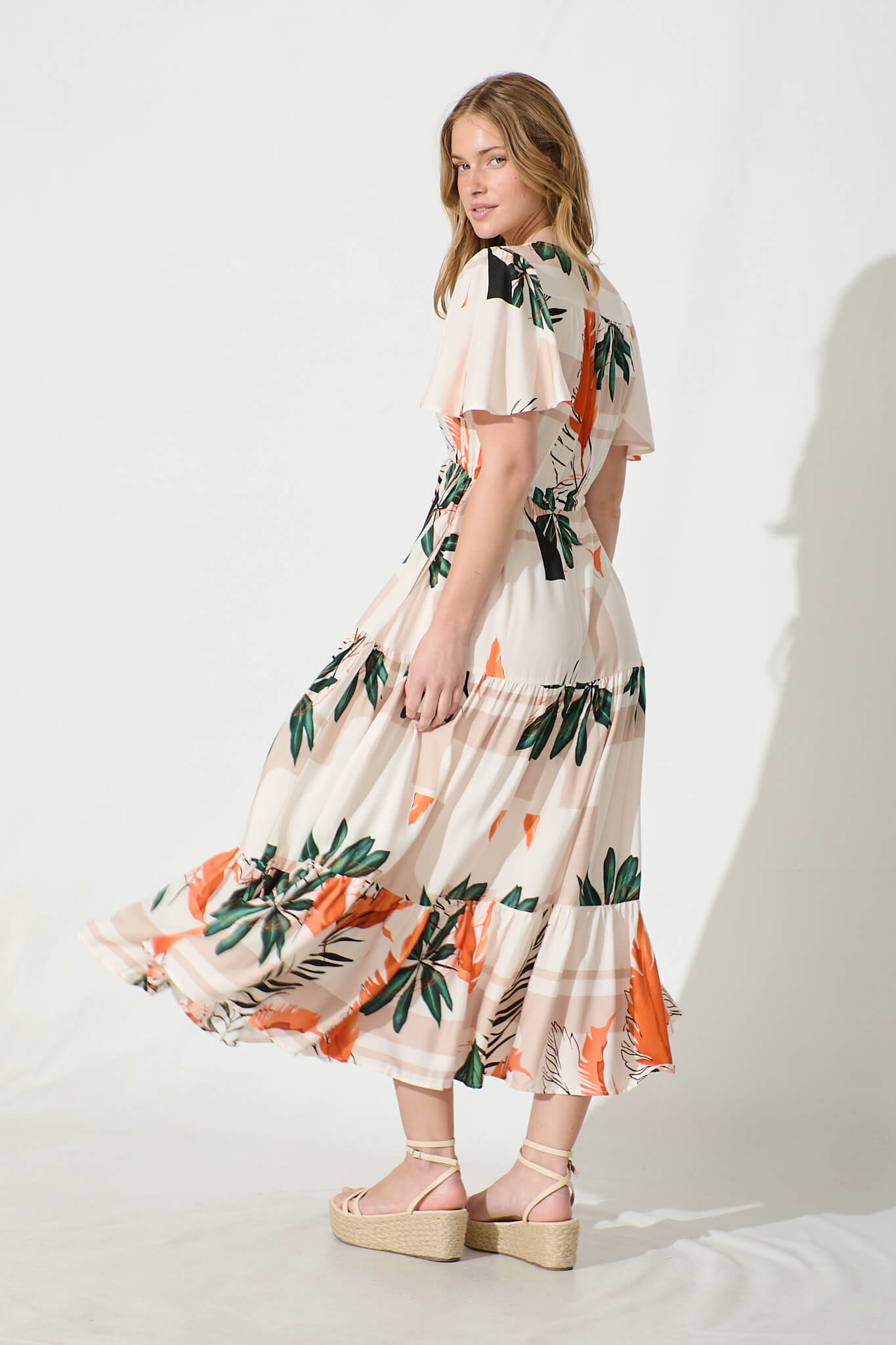 Elina Midi Dress in Cream with Green and Orange Leaf