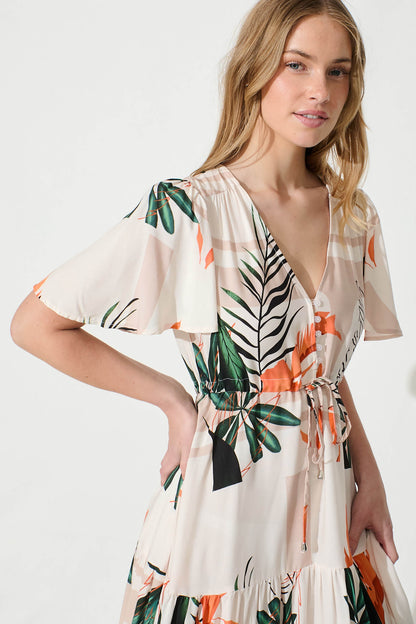 Elina Midi Dress in Cream with Green and Orange Leaf