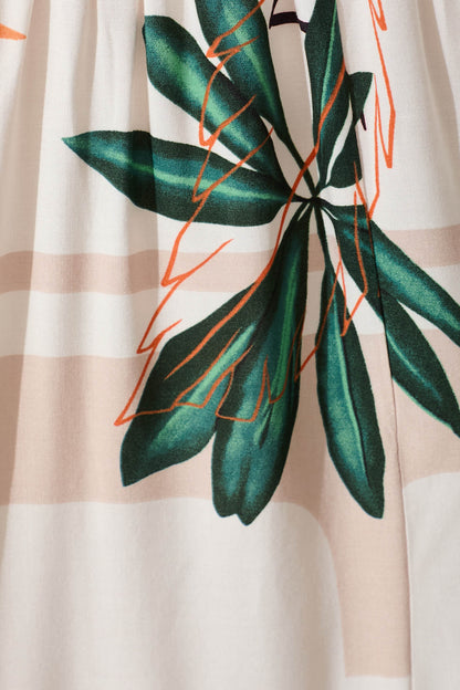 Elina Midi Dress in Cream with Green and Orange Leaf