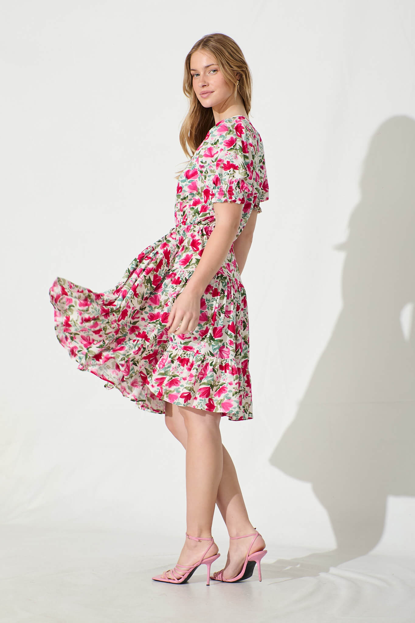 Adilah Dress in White with Pink and Green Floral