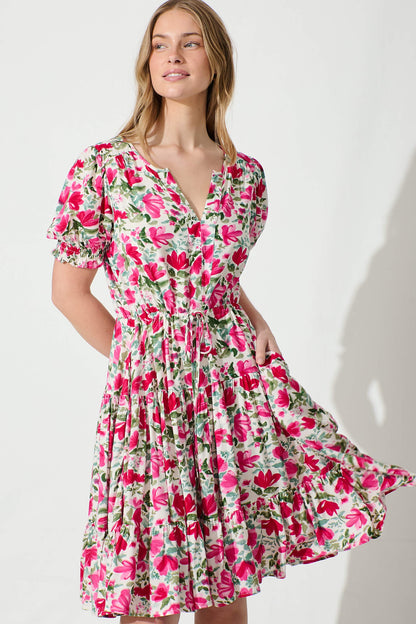 Adilah Dress in White with Pink and Green Floral