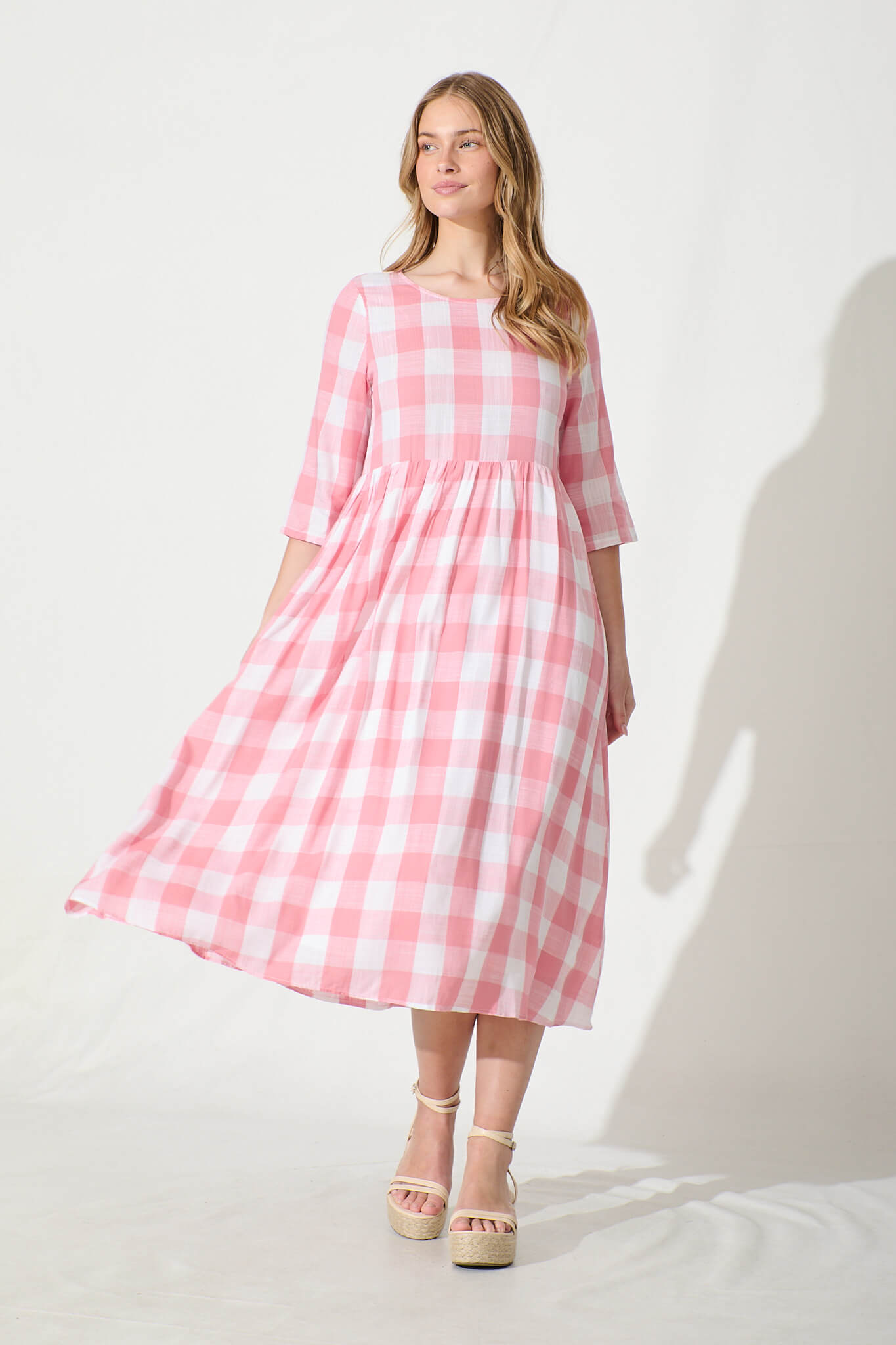 Zara Midi Smock Dress in Pink with White Gingham Cotton