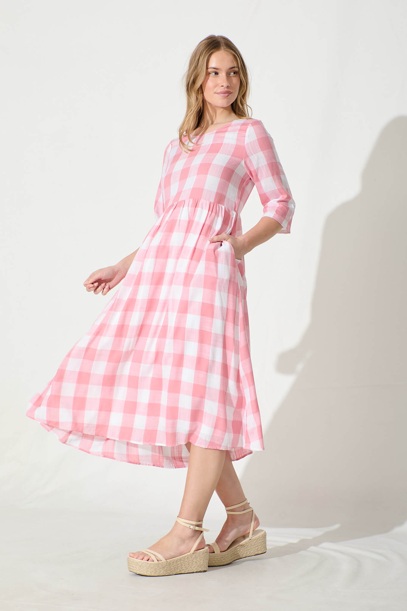 Zara Midi Smock Dress in Pink with White Gingham Cotton