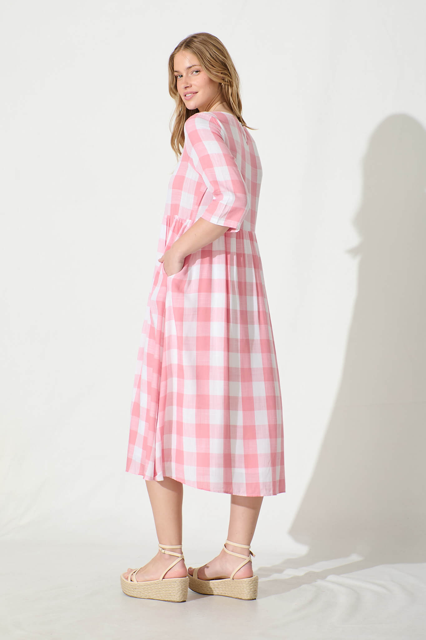 Zara Midi Smock Dress in Pink with White Gingham Cotton