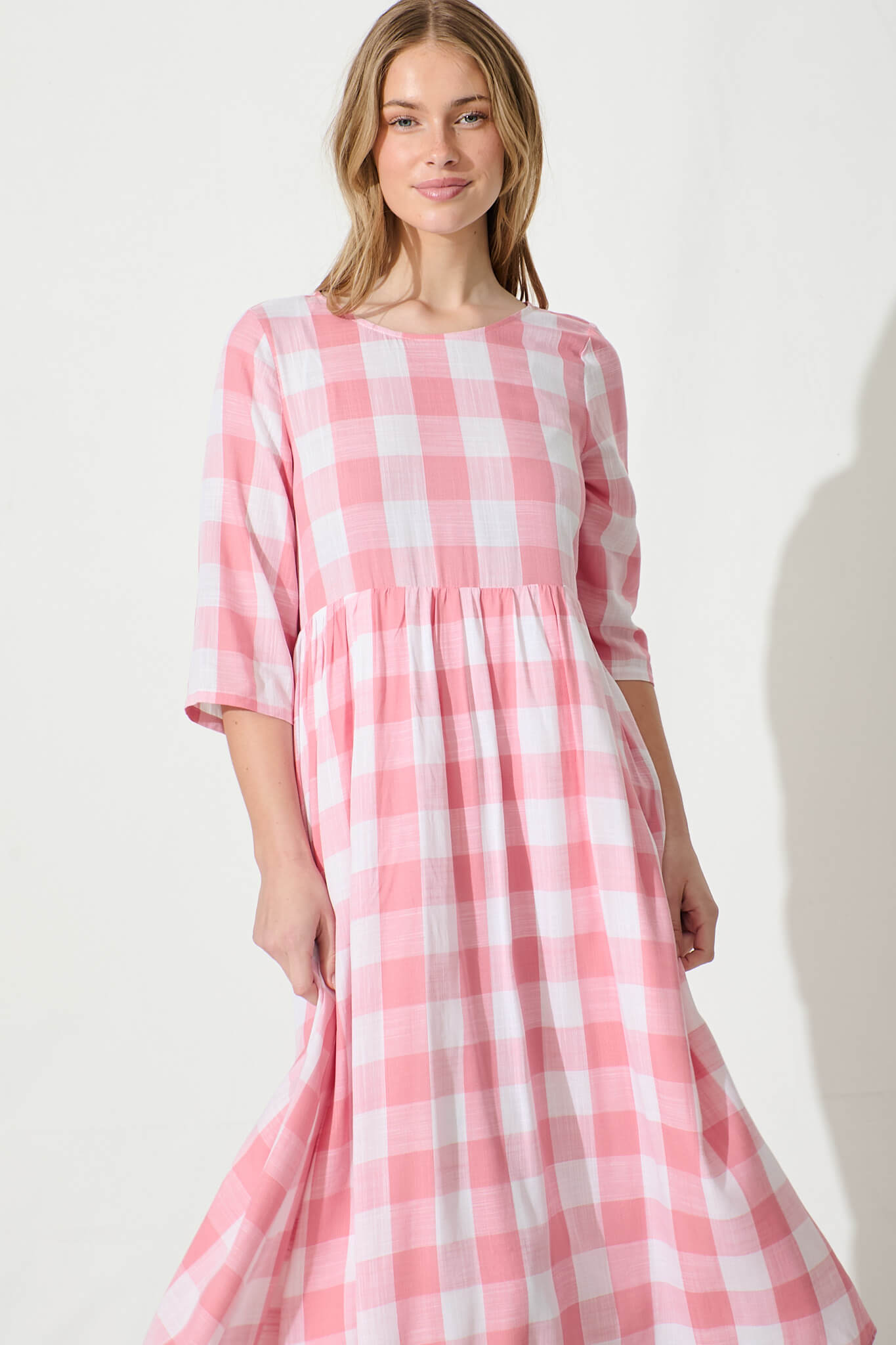 Zara Midi Smock Dress in Pink with White Gingham Cotton