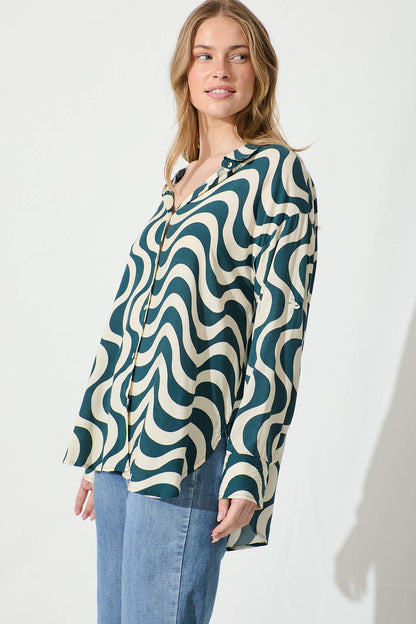 Carin Shirt in Emerald and Cream Swirl Print