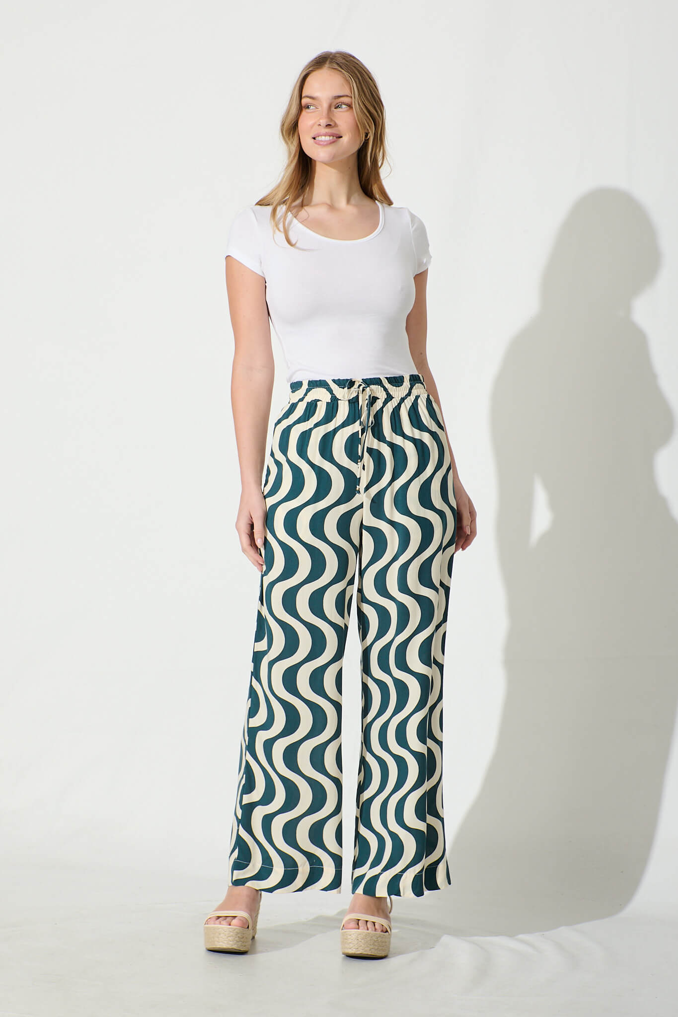 Anjeanette Wide Leg Pant in Emerald and Cream Swirl Print